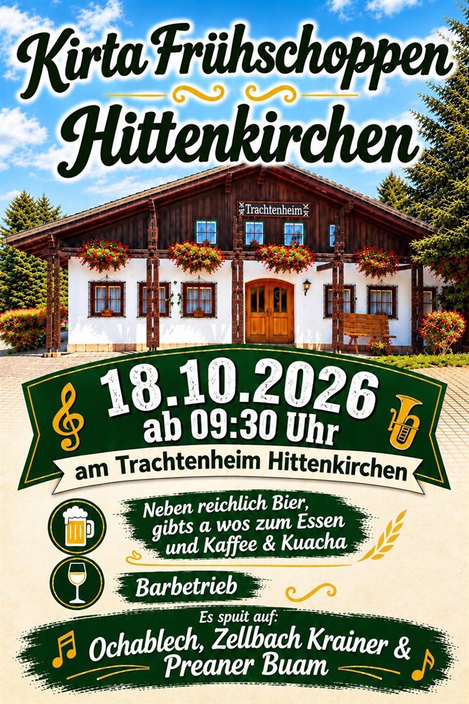 Plakat zum Kirta-Frühschoppen am 18. Oktober 2026 am Trachtenheim Hittenkirchen