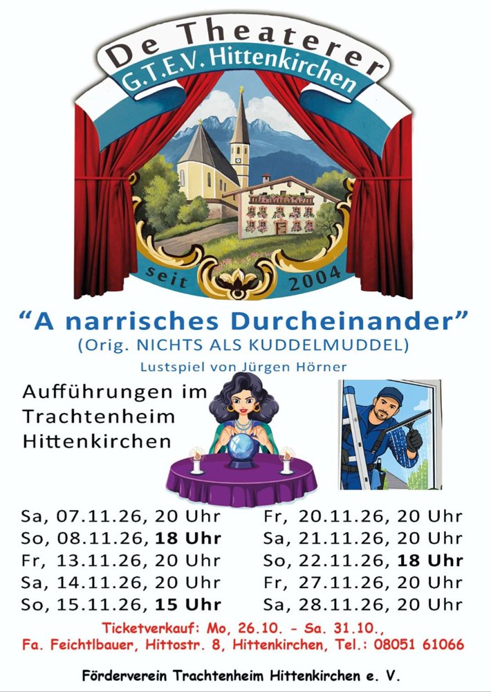 Plakat zum Theaterstück „A narrisches Durcheinand“ der Theaterer Hittenkirchen