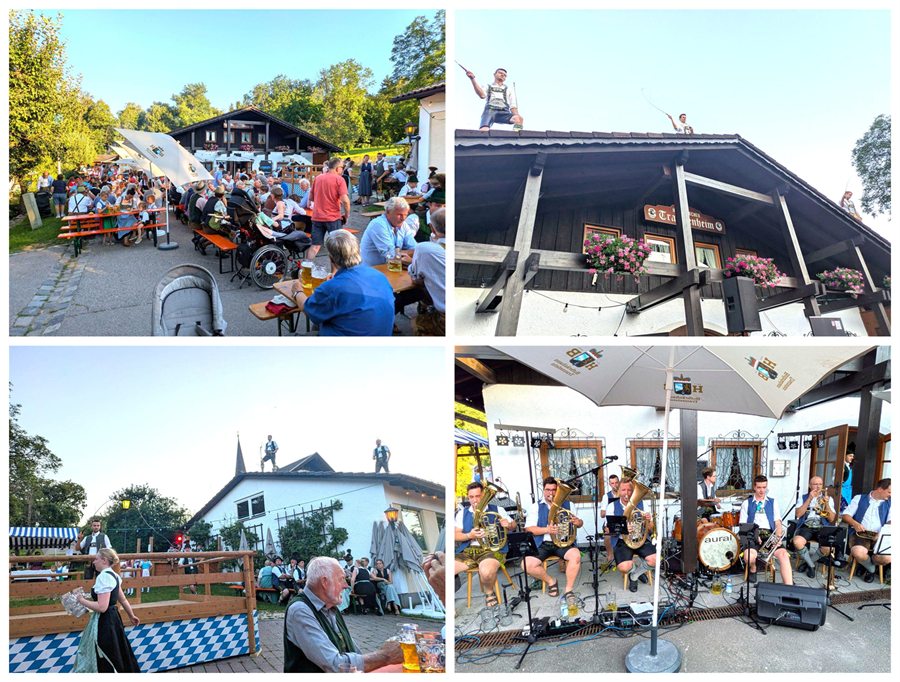 Das Trachtenheim Hittenkirchen mit Festbetrieb: Biergarten, Goaßlschnalzer auf dem Dach, Blasmusik und Tanzbühne