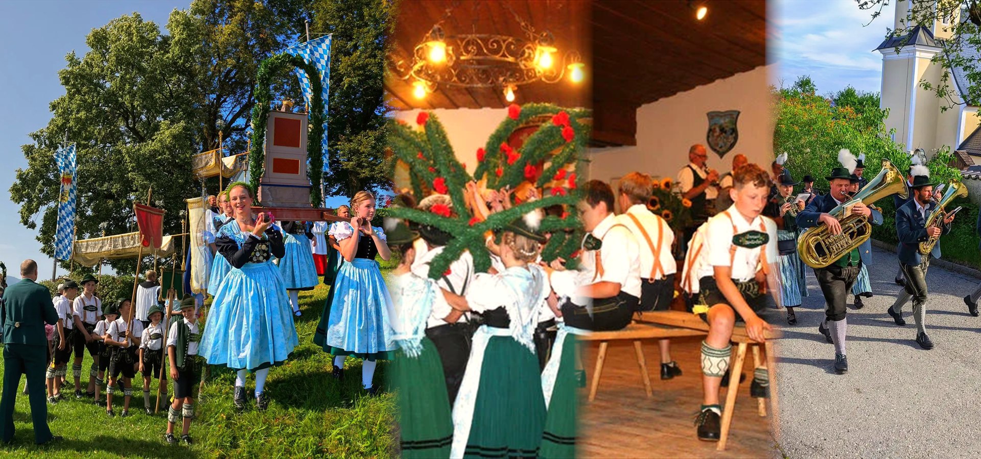 Bildcollage aus dem Vereinsleben: Prozession, Festzug, Reiftanz, Bankerltanz und Blasmusik der Hittenkirchener Trachtler